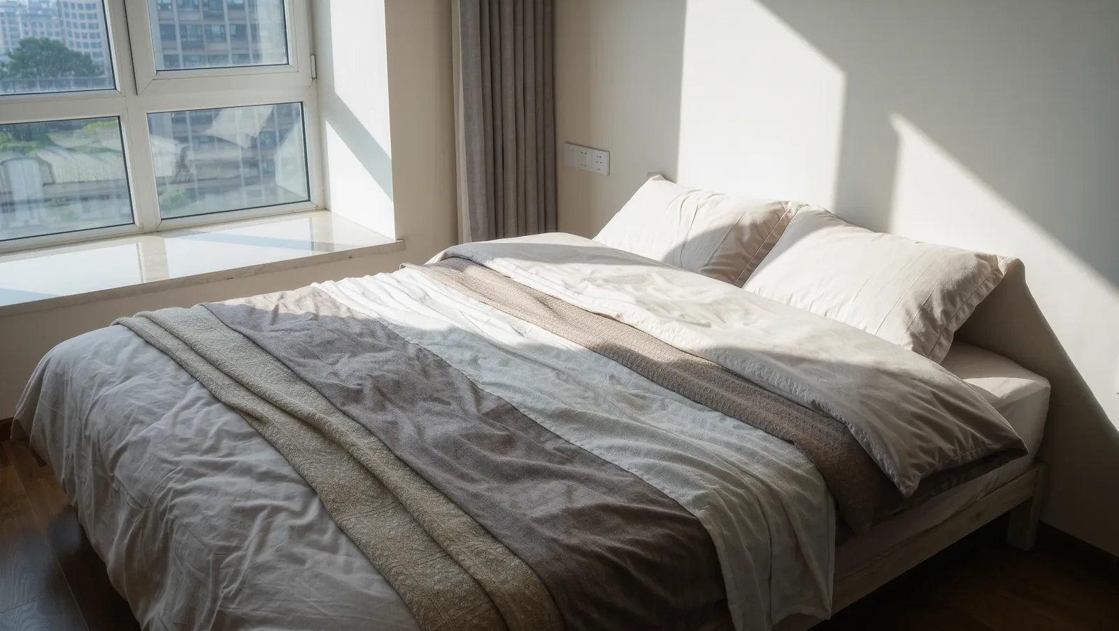 Symbolbild bezogenes Bett im Schlafzimmer